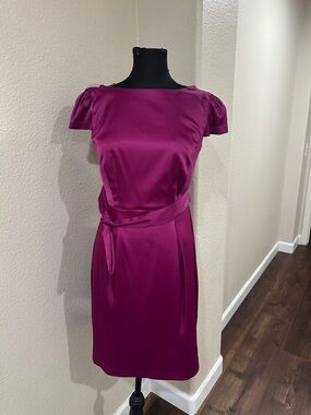 Magenta Satin Midi Dress with Tie Waist